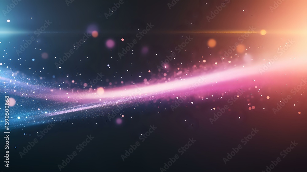 Poster cosmic abstract background with glowing curved line and particles in blue and pink colors against da