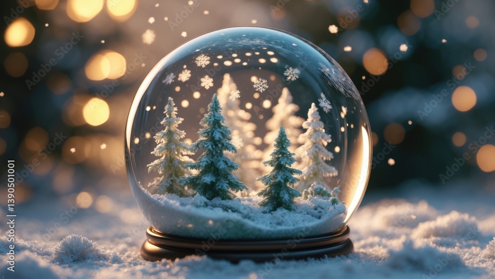 Poster snow globe featuring snowflakes and a tree on its own