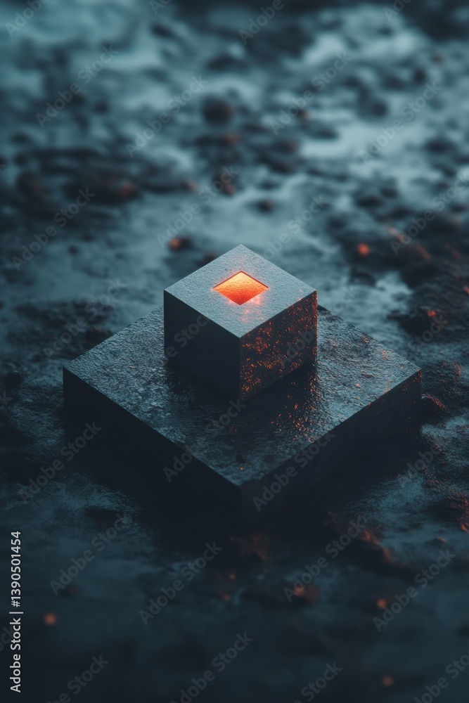 Poster quantum minimalism glowing geometric cube in dark technological landscape - futuristic digital innov