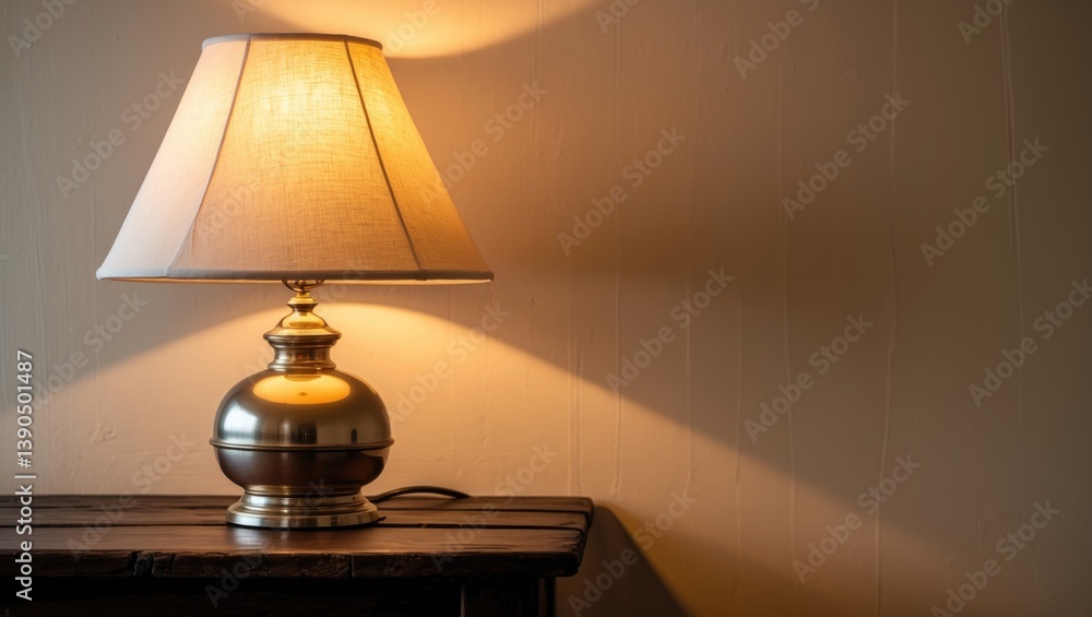 Poster stylish illuminated night lamp placed on a table in a room. space available for text.