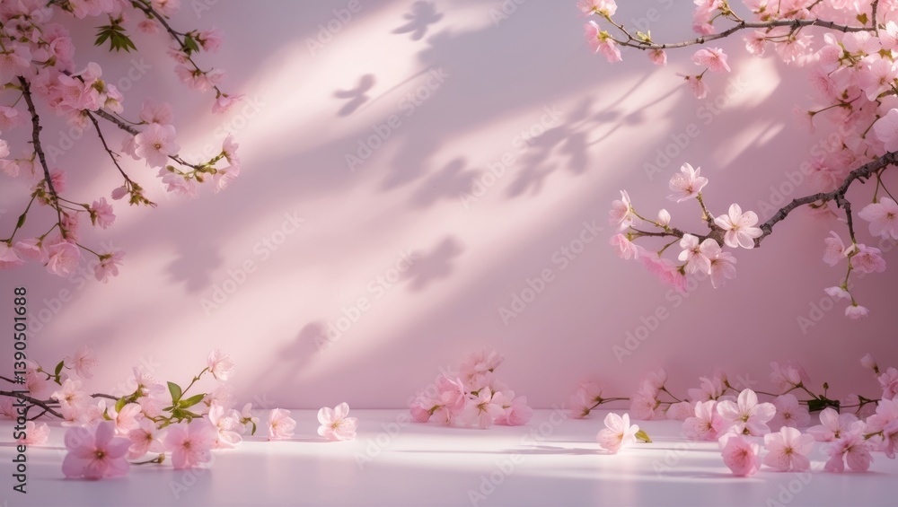 Poster spring summer soft-focused light pink backdrop featuring the shadow of tree leaves and flowers on a 