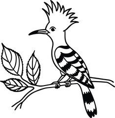 Black and White Woodpecker Bird Drawing on a Branch with Leaves