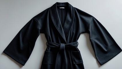 Soft woolen housecoat or dressing gown seen from the front. Isolated black bathrobe on a plain background.