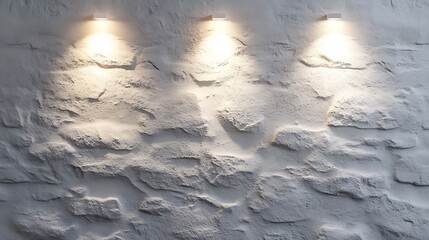 Three spotlights illuminating a white stone wall.