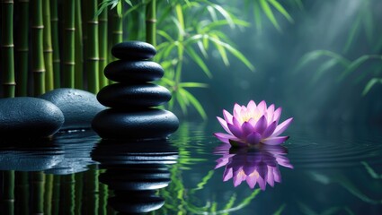 Obraz premium Spa still life featuring lotus and zen stones on the water, with a bamboo backdrop.