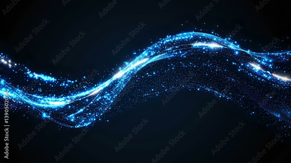 Poster glowing blue wave of magical light particles flowing on dark background, sparkling energy stream eff