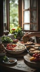 Rustic Mediterranean breakfast spread with fresh mozzarella, cherry tomatoes, and crusty bread on wooden table by window. Natural morning light creates cozy atmosphere.