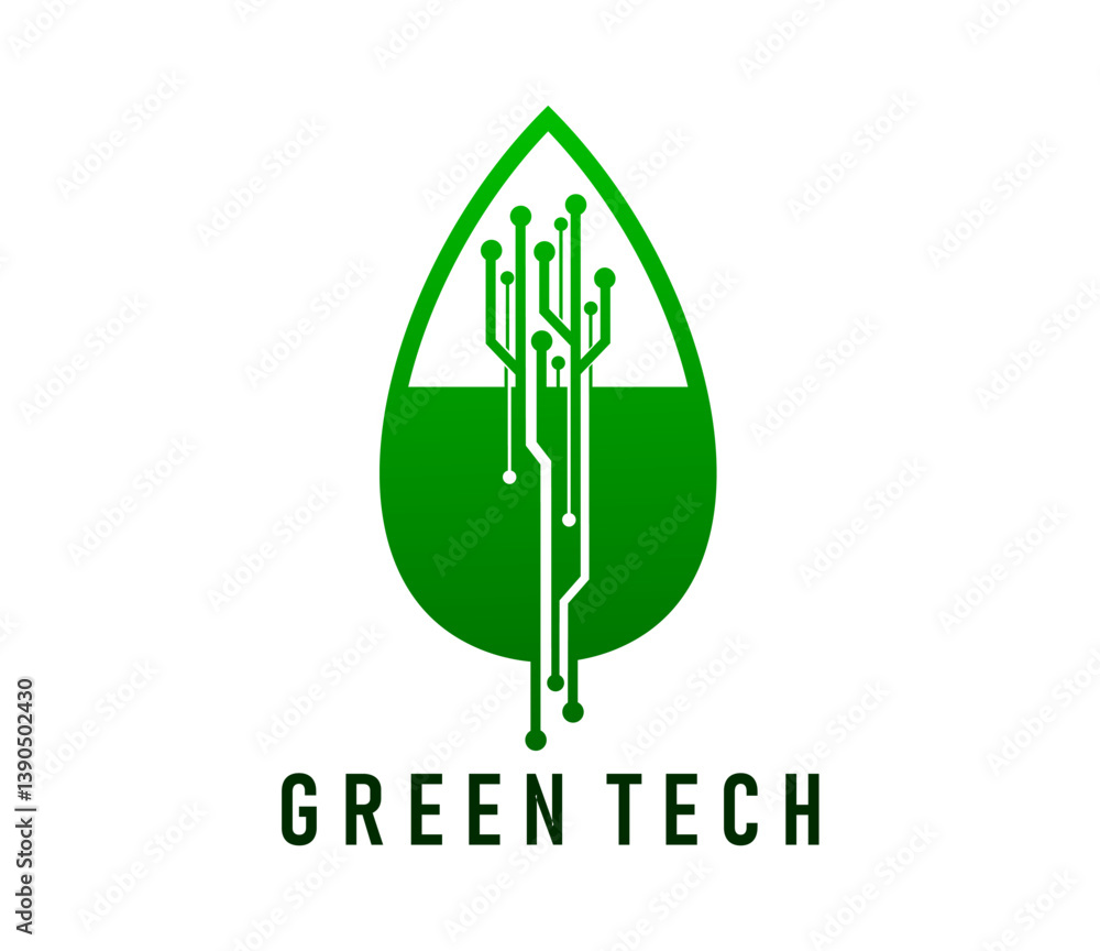 Aufkleber green tech icon of leaf with chipset for digital technology and eco innovation, vector emblem. green