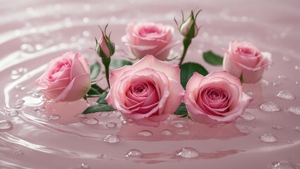 Fototapeta premium Summer backdrop featuring pink roses in water with droplets. Minimal natural abstract background.