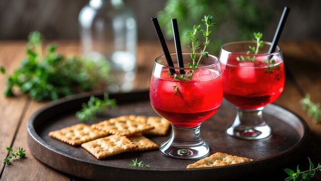 squeezed tomato juice with thyme and crackers elegant drink and snack arrangement