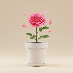 Elegant pink rose with falling petals in ceramic pot on neutral background