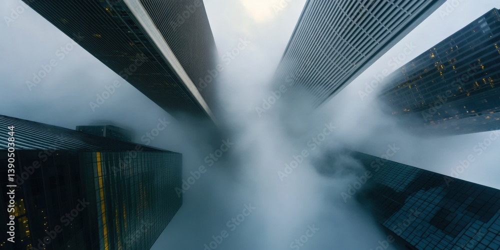 Poster dystopian urban climate tech ai-powered drone monitoring reveals atmospheric complexity in fog-shrou