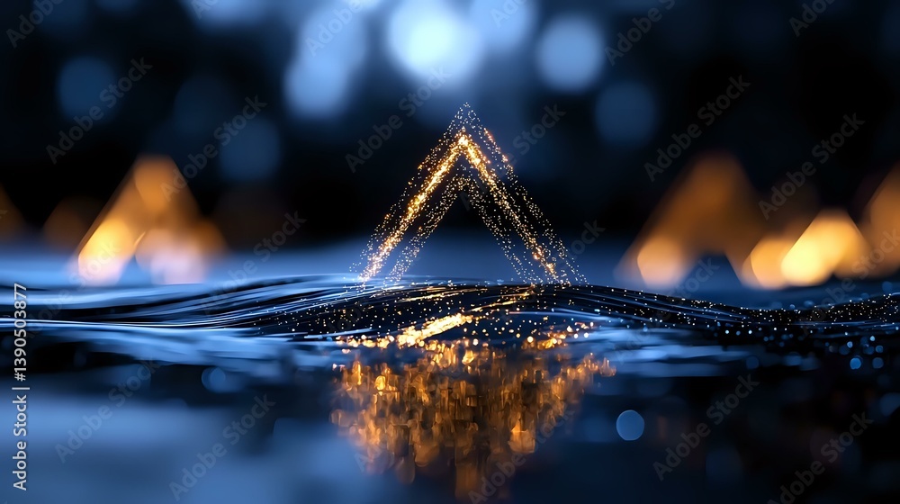 Poster glowing golden triangle reflection on rippling water surface with bokeh lights creates mystical atmo