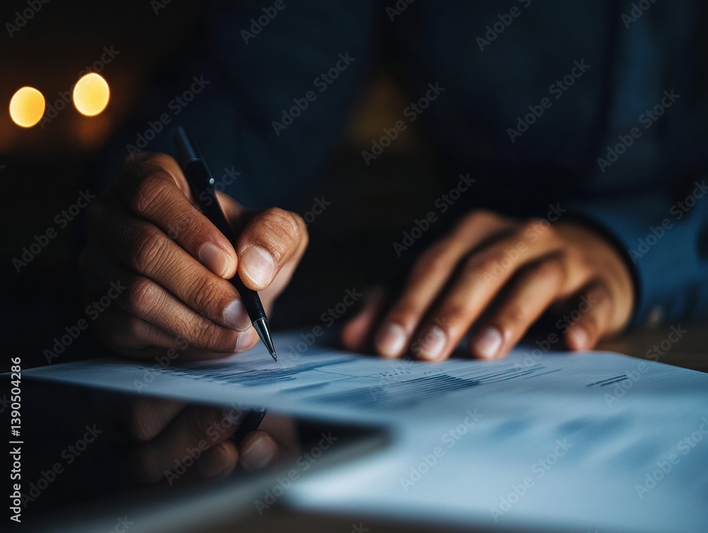 Poster nocturnal productivity essentials minimalist workspace illumination, focus-driven document analysis 