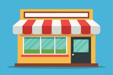 A vibrant storefront features large windows and a marked entrance, enveloped by a bright red and white awning, creating a friendly atmosphere for potential customers.