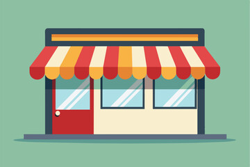 Obraz premium A vibrant storefront features a red door and striped awning, designed to attract passersby looking for shopping opportunities in a lively neighborhood.