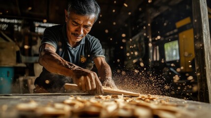 An older carpenter skillfully planes a wooden board in his workshop
