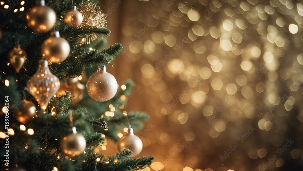 Poster stylish christmas tree ornamentation showcasing soft lights and sparkling golden bokeh in the backgr