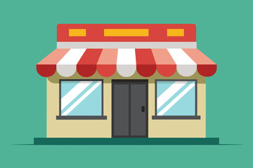Obraz premium This storefront features a distinctive red and white striped awning, large windows, and a welcoming door, situated in a lively urban environment under bright daylight.