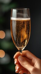 Woman holding glass of champagne celebrating christmas or new year's eve