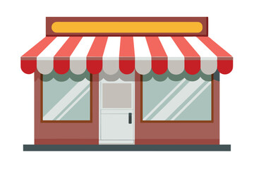 Obraz premium This charming storefront features a red and white striped awning, large windows, and a welcoming entrance, creating an inviting atmosphere for passersby in the daytime.