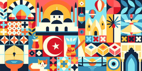 Geometric Turkey pattern with turkish travel landmarks abstract graphic shapes. Vector Turkey tourism background of turkish flag, Istanbul mosque, Bosphorus bridge and coffee geometric shapes collage
