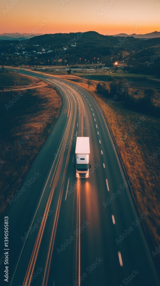 Poster smart logistics at sunset ai-powered delivery truck navigating scenic highway with dynamic motion tr