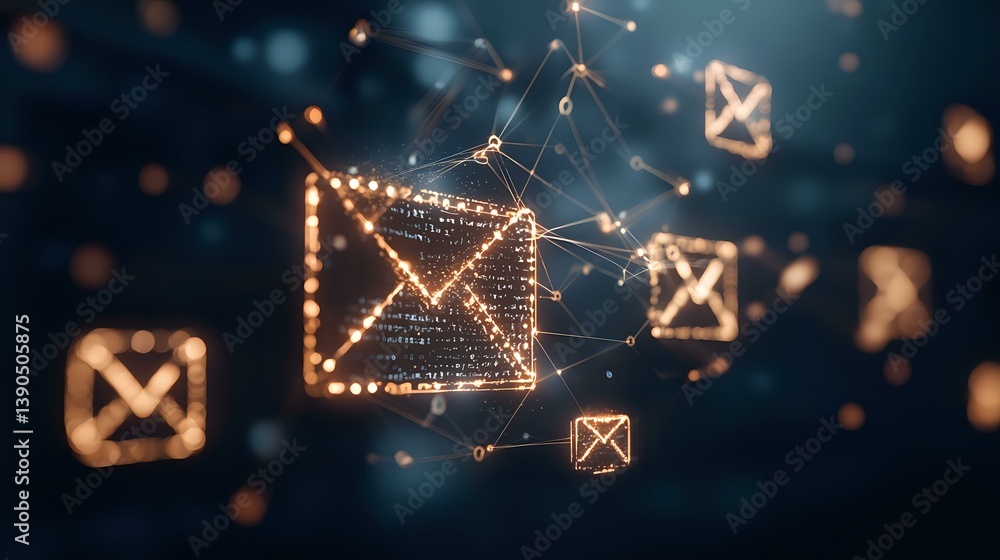 Poster glowing digital mail icons connected by network lines on dark background with bokeh effect, represen