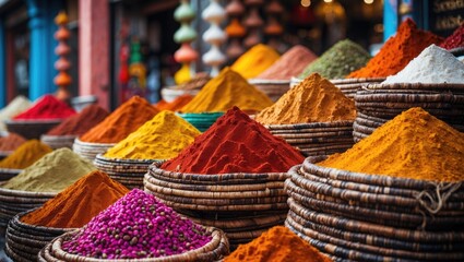 Spices market with a vibrant atmosphere. A variety of colorful spices available at the bazaar. Focused selection, empty space for text, lively background.