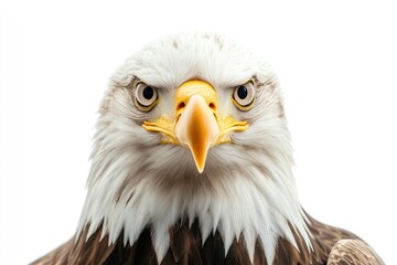 Close up portrait of a bald eagle with piercing eyes against a plain white background staring ahead