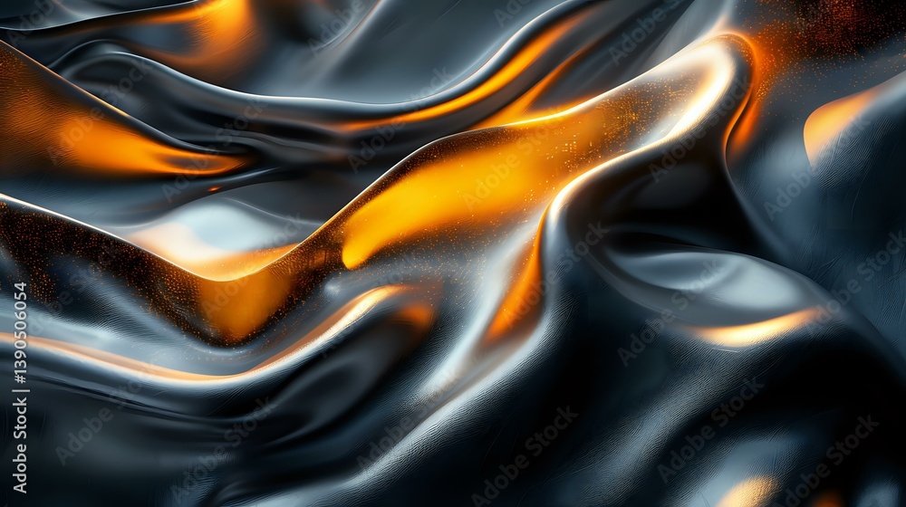 Poster abstract flowing metallic liquid with orange glowing light effect creates dynamic waves and curves a