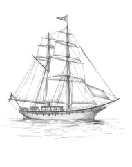 Majestic yacht sailing ship with large sails, cruising on the ocean waves, drawn in an engraved, woodcut style sketch vector illustration. Scratch board. Black and white image. Transparent PNG.