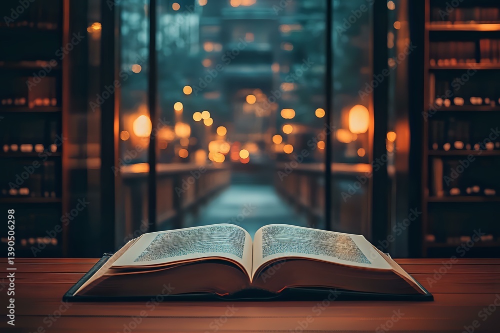 Poster open book on wooden table against blurred city lights and bokeh background at night, creating atmosp