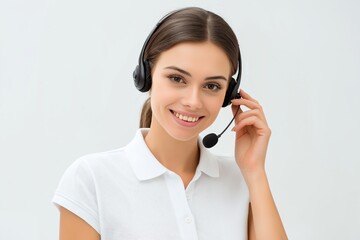 Support agent wearing headset assists customers with tech issues on white background