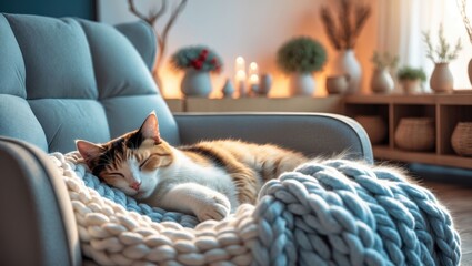 Stylish modern Scandinavian living room interior featuring seasonal decor on the wooden console and a sleeping cat on the armchair in soft light. Cozy home interior design with ambiance.