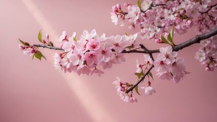 Obraz premium Spring blossoms blooming isolated on a pink backdrop, close-up copy space, flowers on a tree branch. Pastel pink background, delicate bloom flowers. Concept of springtime.