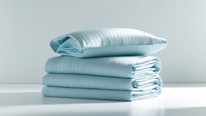 Stack of fresh bed sheets placed on a white background.