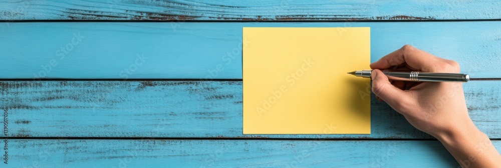 Poster minimalist goal-setting mockup 2025 productivity roadmap with vibrant yellow notecard on distressed 
