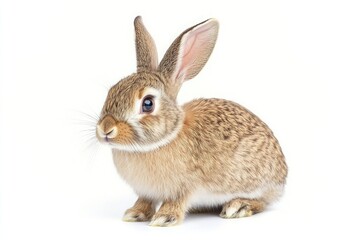 Fototapeta premium A light brown rabbit with long ears sitting on a white background looking to the left of the frame