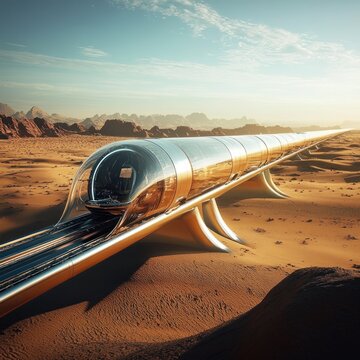 Futuristic hyperloop train traversing a desert landscape under a clear sky.