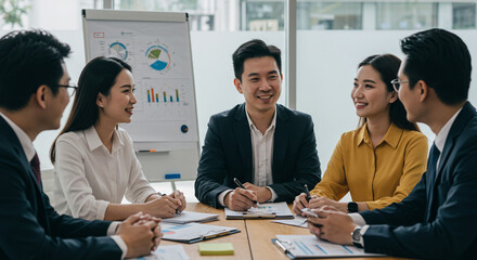 A collaborative team of Asian professionals brainstorming innovative solutions during a productive meeting, showcasing focused engagement and bright office lighting.