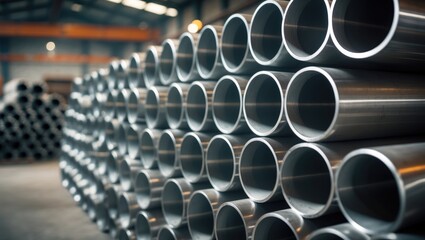 Stainless steel pipes stored in an industrial warehouse