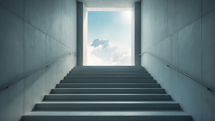 Staircase Featuring Ladder Handrail Structure, Perspective View of Empty Staircase with Concrete Design. Detailed Entrance and Exit Stair.