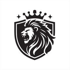 Front-Facing Roaring Lion Emblem with Crown and Shield in Monochrome Vector Design