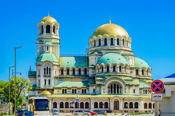 Alexander Nevsky Cathedral with golden domes and green roofcenter of Sofia, capital of Bulgaria....