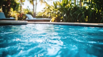 Tranquil Poolside Reflection with Lush Greenery and Sunlit Water at a Luxury Resort Oasis