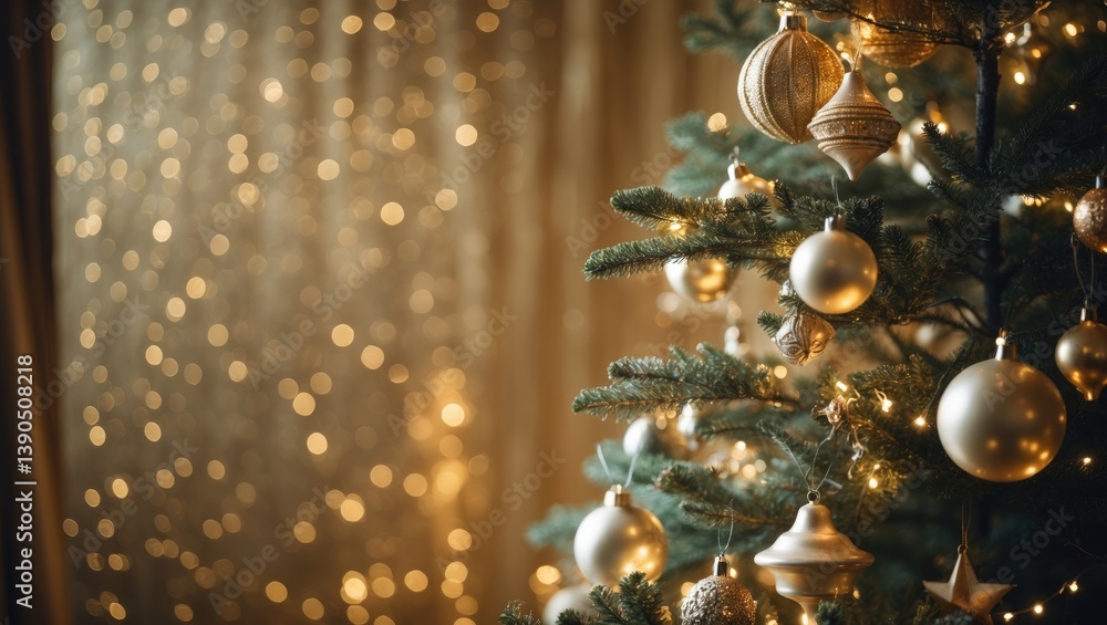 Poster elegant christmas tree decoration showcasing soft lights and shimmering golden bokeh in the backgrou