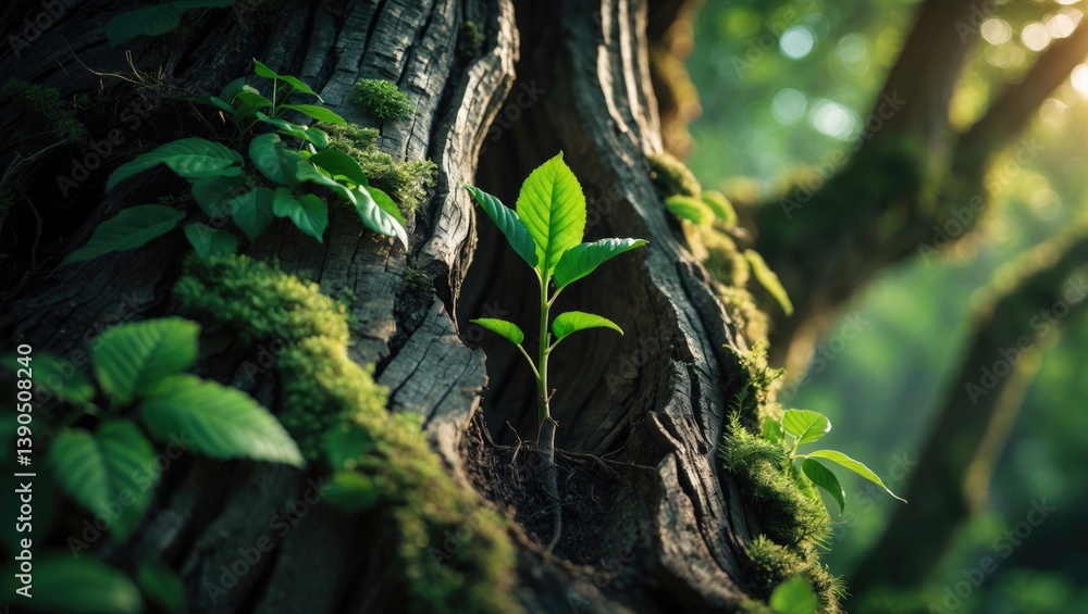 Aufkleber sprouts emerging on trees, small tree sprout from within the hollow of a tree.