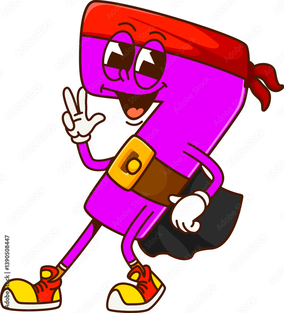 Poster groovy cartoon math number 7 funny pirate or corsair, vector caribbean numeral character. groovy mat