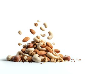 Mixed nuts and seeds scattered and falling in artistic composition on white background, isolated food photography for healthy eating and snack concepts.